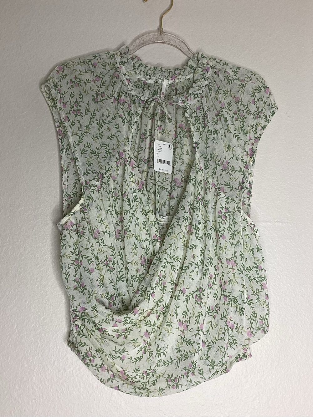 Free People Pale Green Floral Smocked Blouse NWT Lg